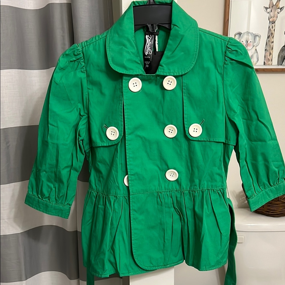 Priorities Green TrenchCoat with Fitted Waist and Peplum Flare